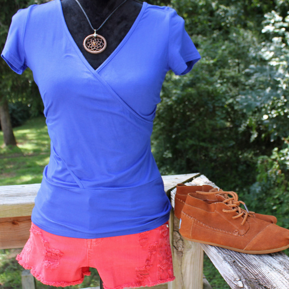 Deep V Neck Open Back Wrap T Shirt Royal Blue S/P - Picture 1 of 8